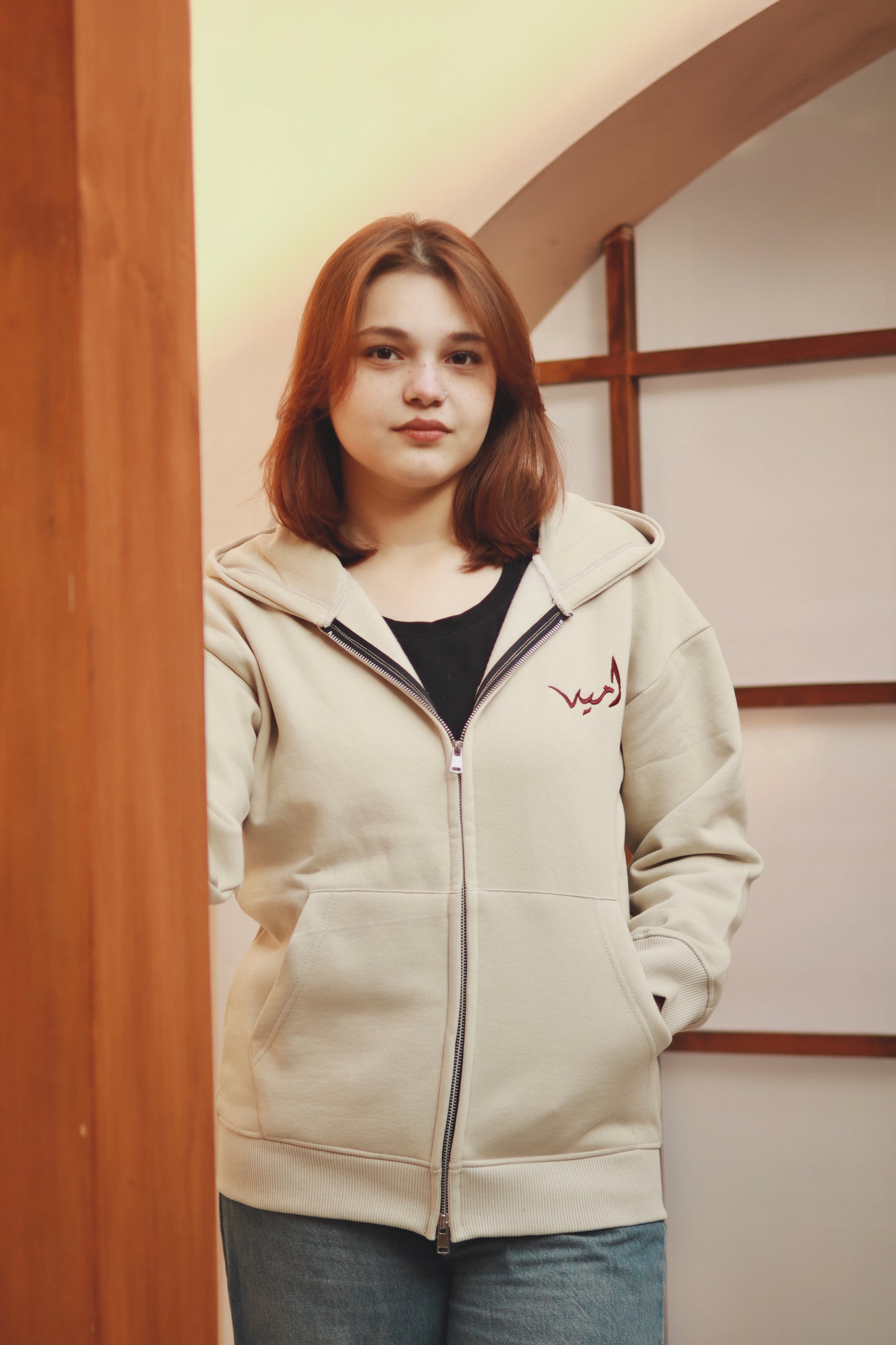 “Almond” dual zip beige hoodie