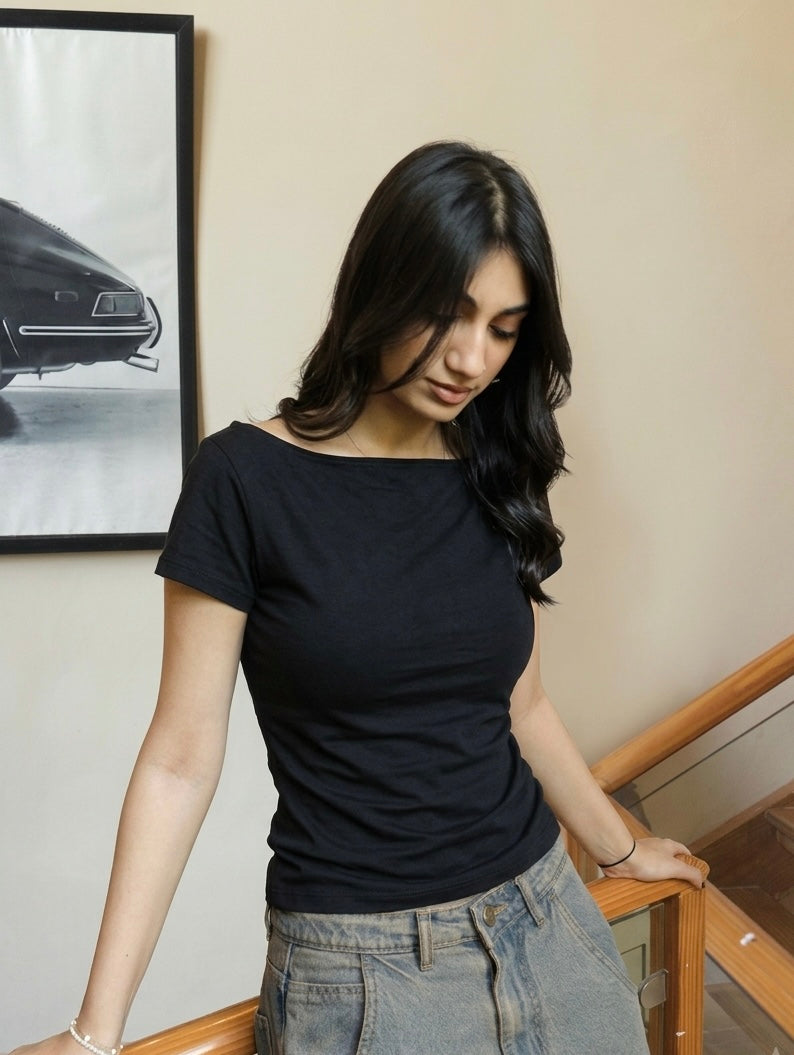 black boatneck with side elastic