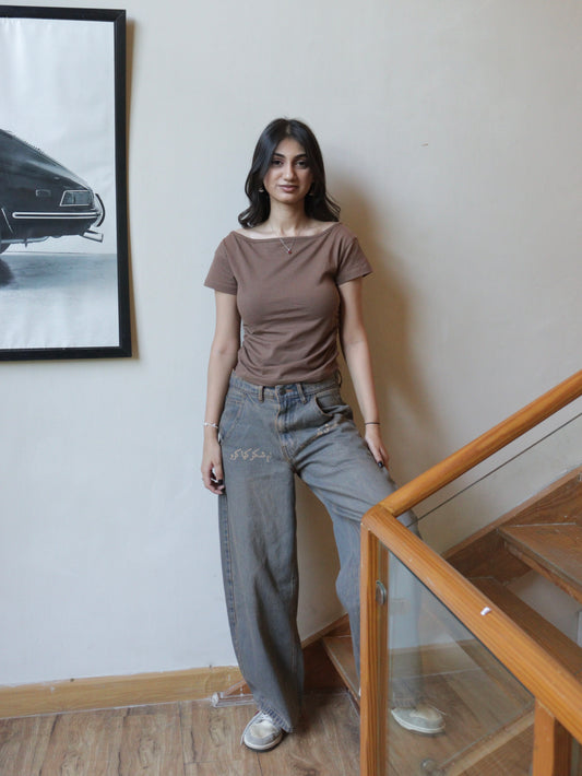 brown boatneck with side elastic