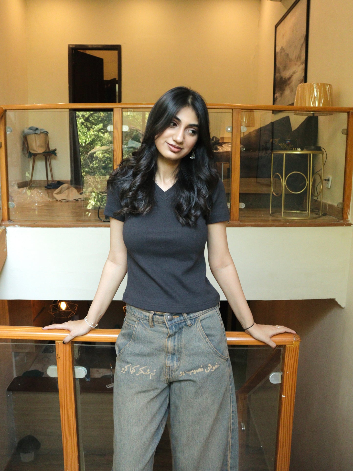 V charcoal baby tee