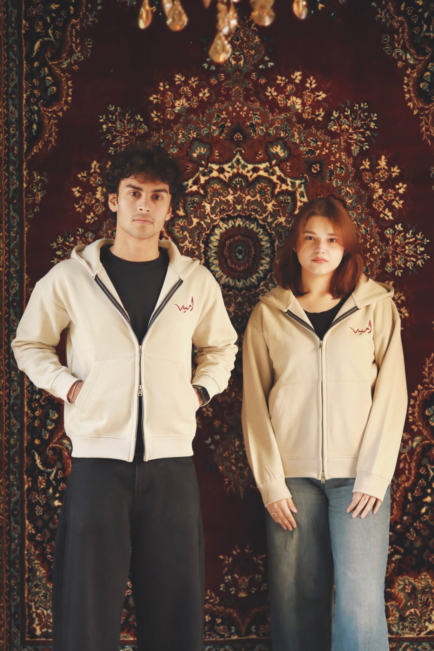 “Almond” dual zip beige hoodie