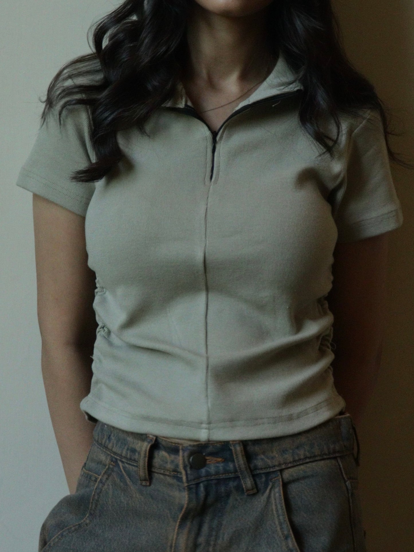 pistachio half zip with side elastic