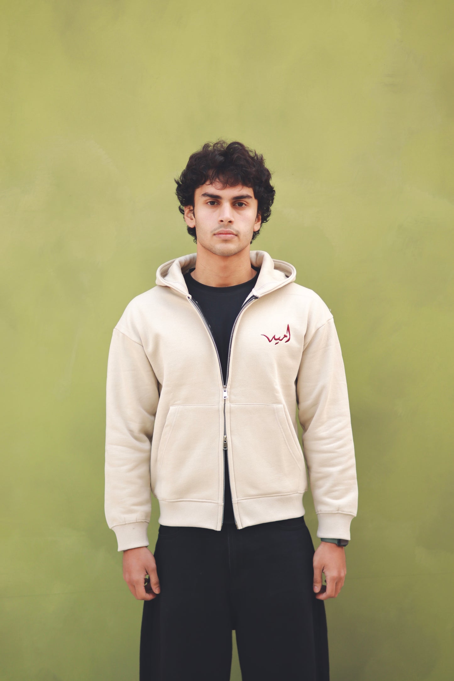 “Almond” dual zip beige hoodie