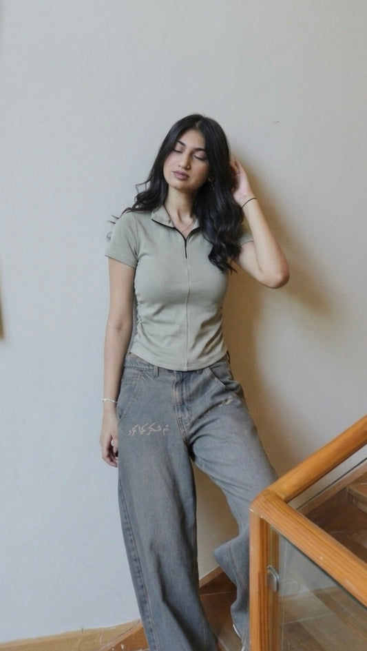 pistachio half zip with side elastic