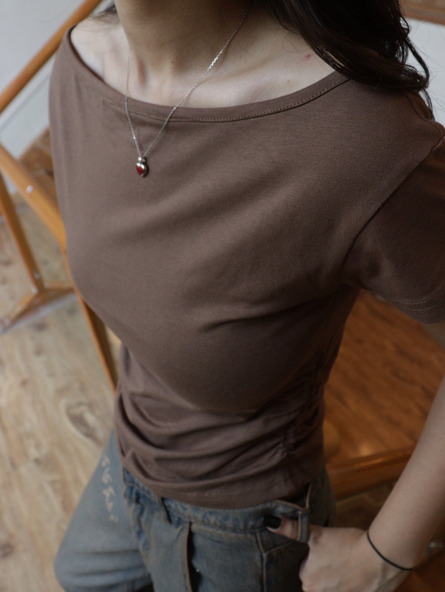 brown boatneck with side elastic