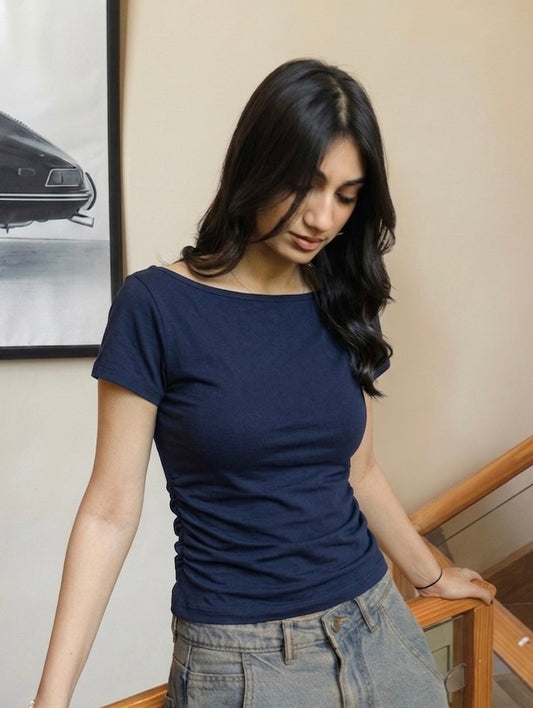 blue boatneck with side elastic